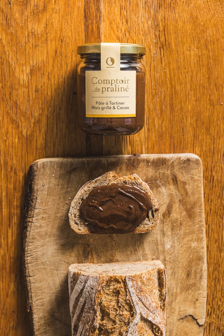 Petit déjeuner original : pate à tartiner pop-corn mais grillé cacao amande